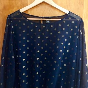 Bobeau | Sheer Blouse Navy Gold Polka Dots